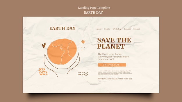 PSD gratuit page de destination pour le jour de la terre avec une texture de papier froissé et des éléments dessinés à la main