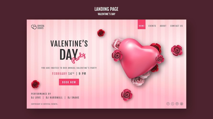 PSD gratuit page de destination pour la saint-valentin avec coeur et roses rouges