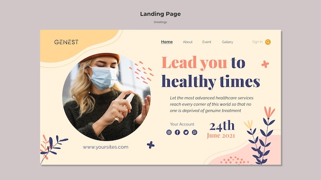 Page de destination pour les soins de santé avec une femme portant un masque médical