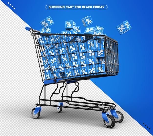 Panier d'achat avec des cubes bleus sur le pourcentage 3d du vendredi noir