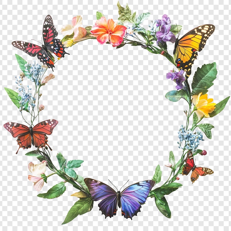 PSD gratuit un papillon vibrant et une couronne de fleurs, un délice du printemps