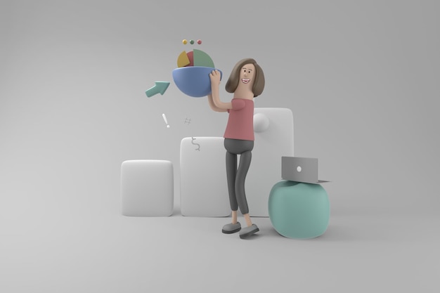 Personnage 3D jeune femme au concept d'entreprise