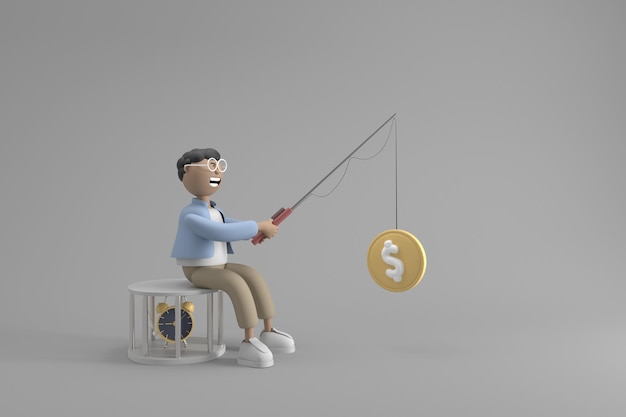 Personnage 3D jeune homme pêchant pièce de monnaie réveil sous le siège