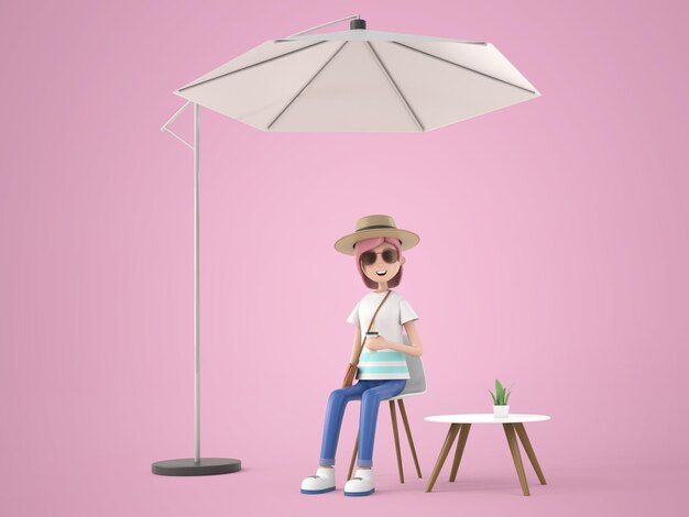 PSD gratuit personnage de dessin animé illustration 3d jolie femme tenant une boisson à la main assise sur une chaise sous une grande plage de parasol pendant les vacances d'été