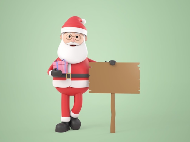 Personnage de dessin animé illustration 3D Père Noël debout tenant une bannière vierge avec un cadeau. Blanc isolé. le rendu