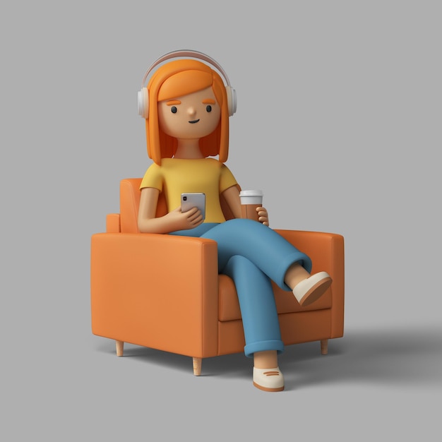 Personnage féminin 3D assis dans une chaise avec un casque et une tasse de café
