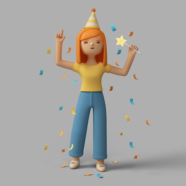 Personnage féminin 3D célébrant avec chapeau de fête et confettis