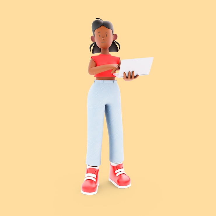 PSD gratuit personnage de fille tenant un ordinateur portable