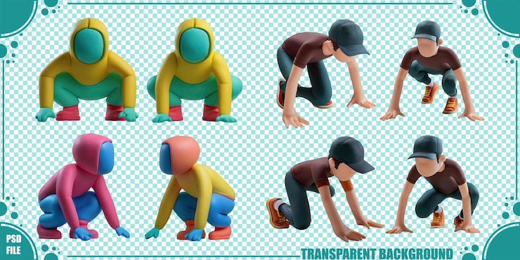 PSD gratuit personnages de dessins animés dans une posture et un mouvement dynamiques