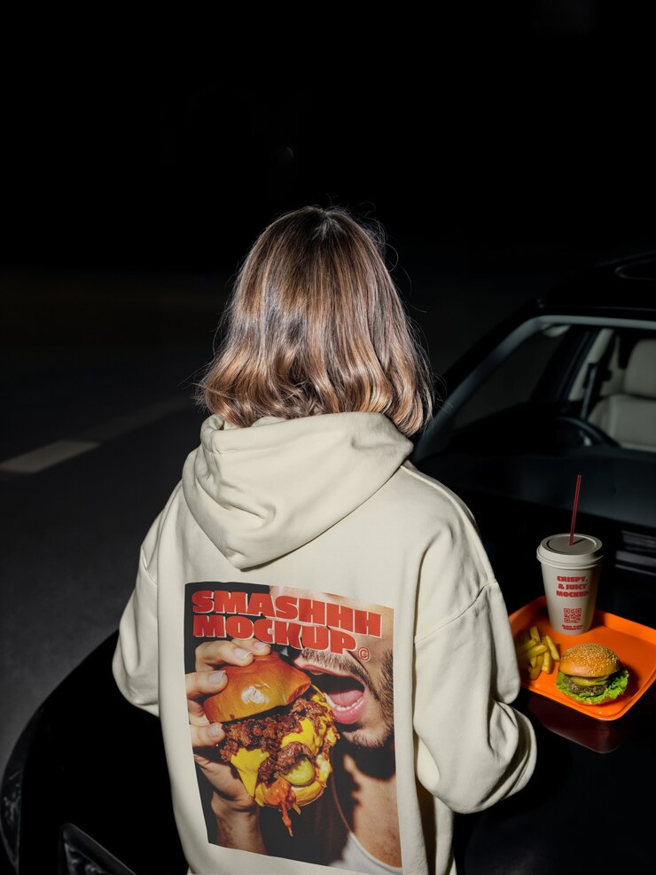 PSD gratuit une personne en capuchon appréciant la restauration rapide par leur voiture la nuit