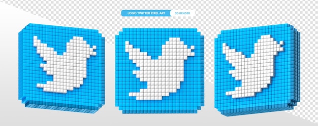 Pièce de logo Twitter en rendu 3d pixel art avec fond transparent