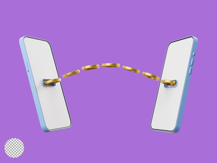Pièces d'or circulant entre le smartphone pour le paiement par transfert d'argent et le concept de technologie bancaire mobile d'application internet par illustration de rendu 3d