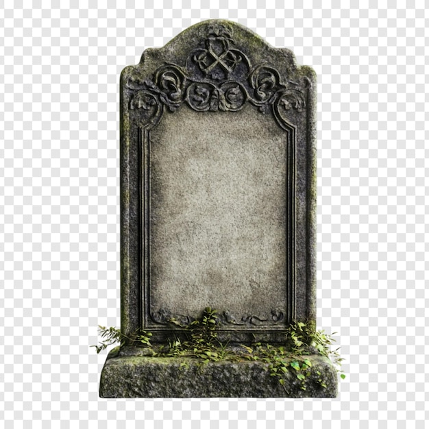 Une pierre tombale âgée avec des sculptures ornées, une plaque blanche et une végétation envahie