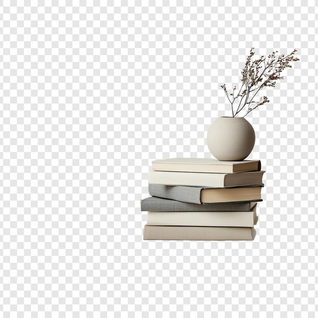 Une pile de livres avec un vase et des fleurs séchées Une composition de nature morte