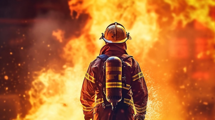 PSD gratuit pompier travaille dans un bâtiment en feu pompier sur fond de flamme ia générative