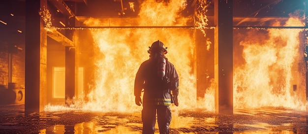 PSD gratuit pompier travaille dans un bâtiment en feu pompier sur fond de flamme ia générative