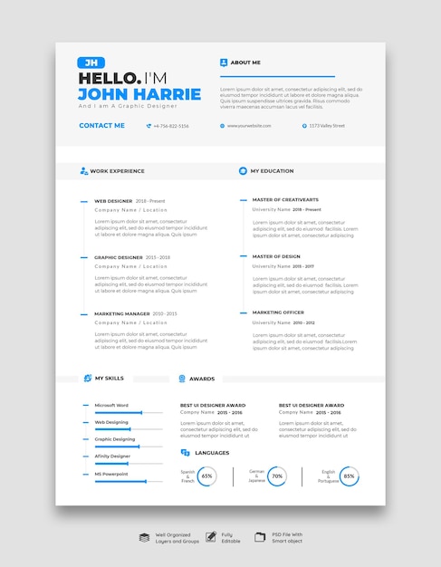 PSD gratuit portfolio de cv propre et moderne ou modèle de cv