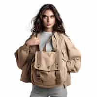 PSD gratuit portrait d'une belle jeune femme dans un trench beige avec un sac à dos