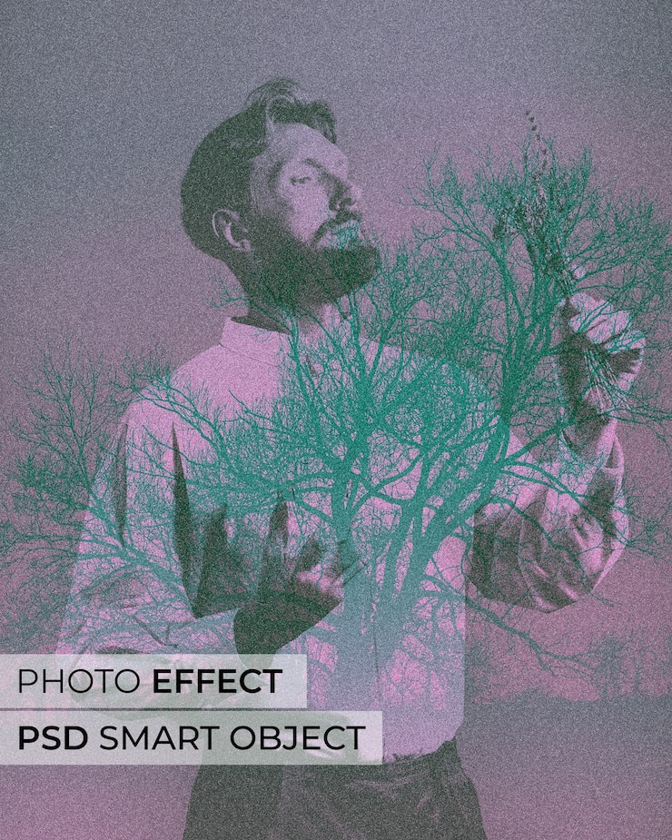 PSD gratuit portrait de personne avec effet de double exposition et grain