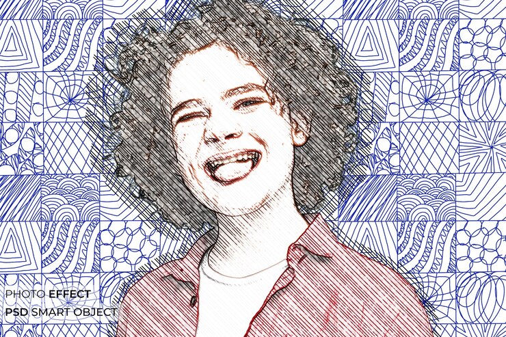 PSD gratuit portrait de personne avec effet mosaïque doodle