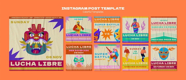 PSD gratuit posts instagram de lutte mexicaine dessinés à la main