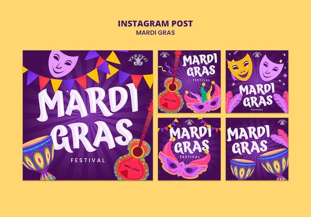 PSD gratuit des posts sur instagram pour la célébration du mardi gras