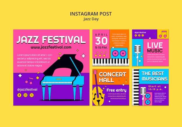 PSD gratuit des posts sur instagram pour célébrer le jour du jazz.