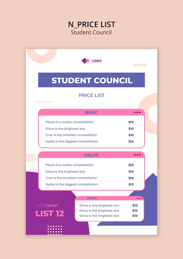 PSD gratuit projet de modèle de liste de prix du conseil étudiant