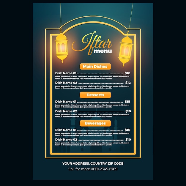 PSD gratuit projet de modèle de menu iftar
