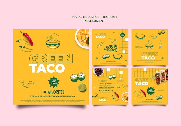 PSD gratuit publications sur les réseaux sociaux du restaurant de tacos verts