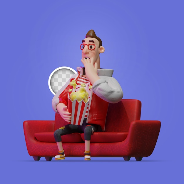 PSD gratuit regarder un film émerveillé par le pop-corn. illustration 3d