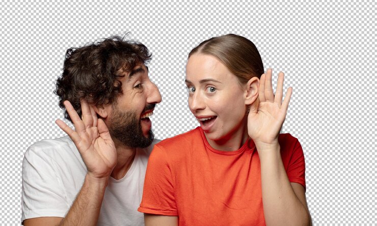 PSD gratuit regarder heureux écouter essayer d'entendre une conversation secrète ou des commérages écouter à l'écoute