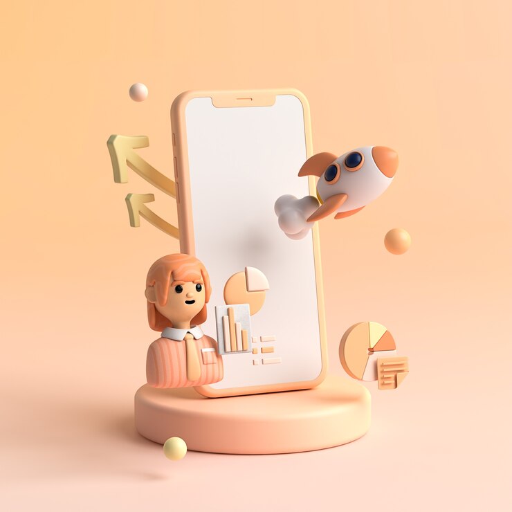 PSD gratuit rendering 3d de l'application mobile de croissance d'entreprise