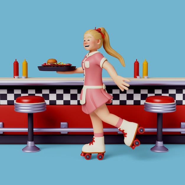 PSD gratuit rendu 3d du personnage de serveuse du restaurant