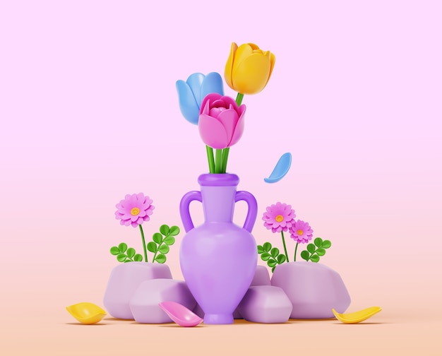 PSD gratuit rendu 3d de fleurs en nature morte à l'arrière-plan