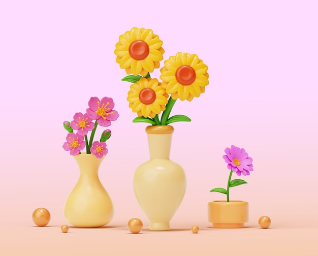 PSD gratuit rendu 3d de fleurs en nature morte à l'arrière-plan