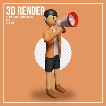 Rendu 3d personnage mignon tenant un mégaphone pour l'annonce de la promotion