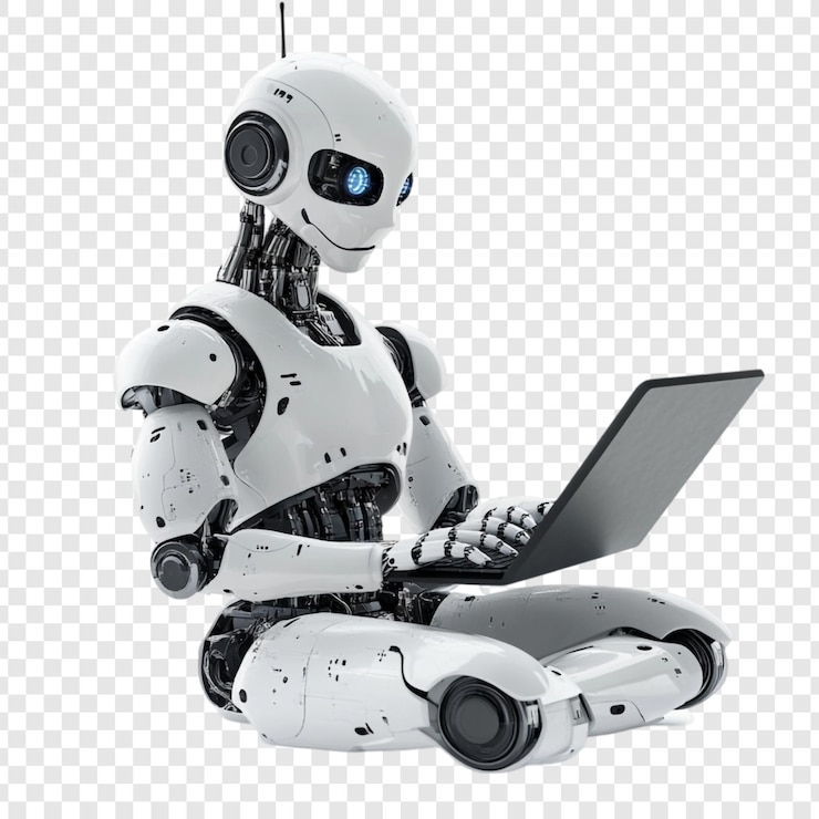 PSD gratuit un robot futuriste utilisant un ordinateur portable
