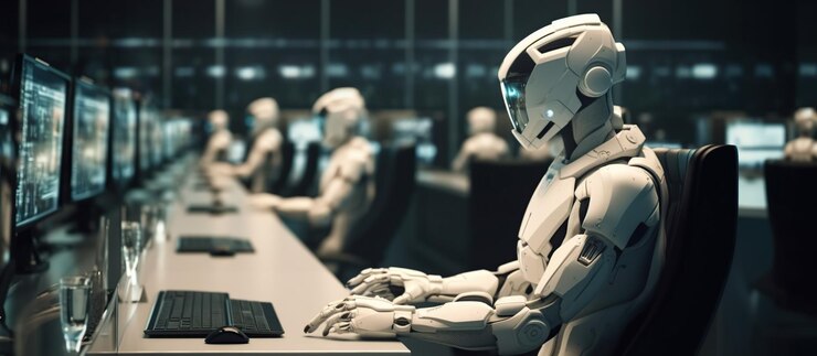 PSD gratuit un robot travaillant dans un bureau moderne avec de vraies personnes generative ai