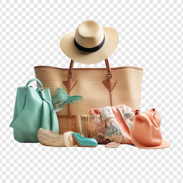 Sac De Plage Chic Avec Des Accessoires Isolés Sur Un Fond Transparent