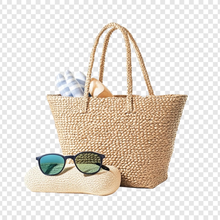 PSD gratuit sac de plage d'été essentiels tote de paille lunettes de soleil towel et sandales