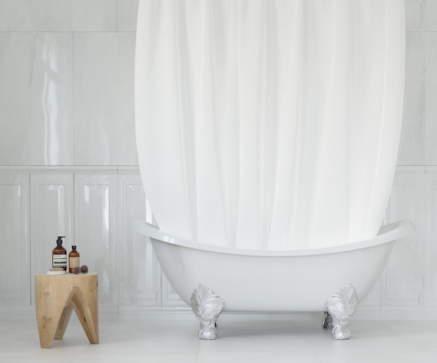 Salle de bain élégante avec rideau blanc