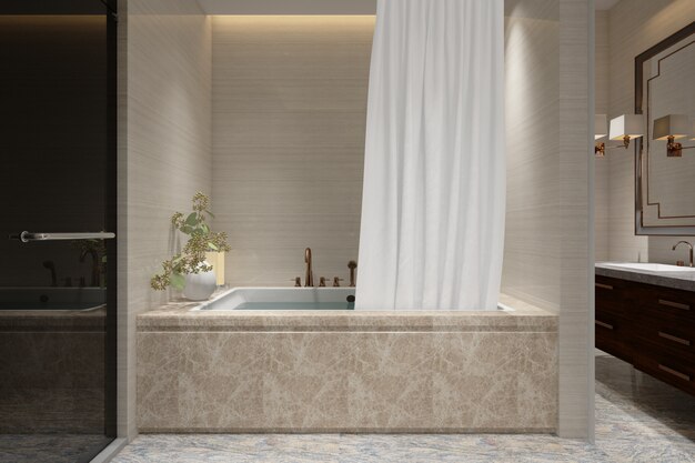 salle de bain réaliste avec baignoire et WC dans une maison moderne