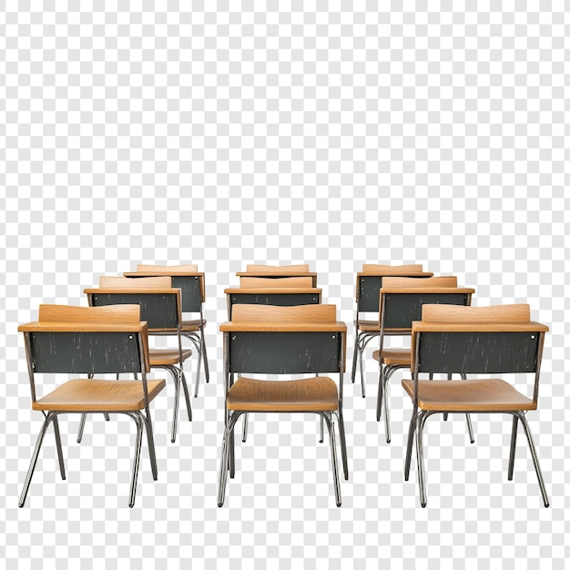Une salle de classe d'époque Dix bureaux d'école en bois disposés en rangées