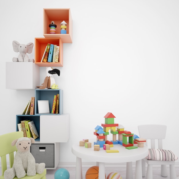 Salle de jeux pour enfants avec tiroirs de rangement, table et nombreux jouets