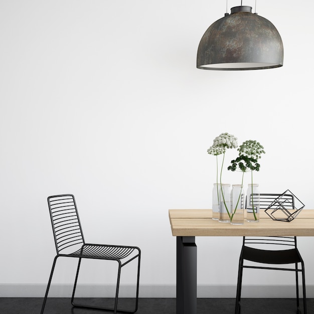 salle à manger lumineuse moderne et réaliste avec table et chaises en bois