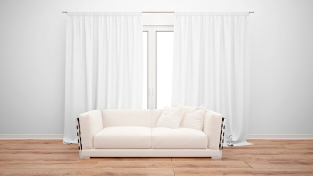 Salon avec canapé minimaliste et grande fenêtre avec rideaux blancs