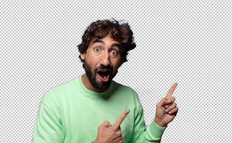 PSD gratuit se sentant joyeux et surpris souriant avec une expression choquée et montrant du côté