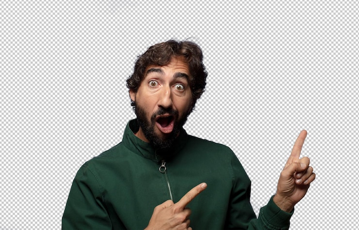 PSD gratuit se sentant joyeux et surpris souriant avec une expression choquée et montrant du côté