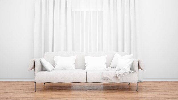 Séjour avec canapé élégant et grande fenêtre avec rideaux. Concept minimal